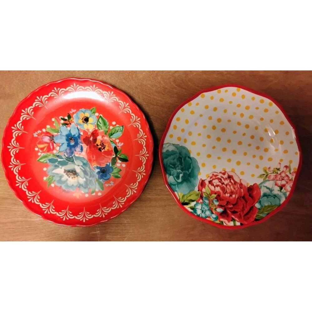 Pioneer Woman Blossom Jubilee 8" Salad Plates Red Floral Pair Discontinued Set